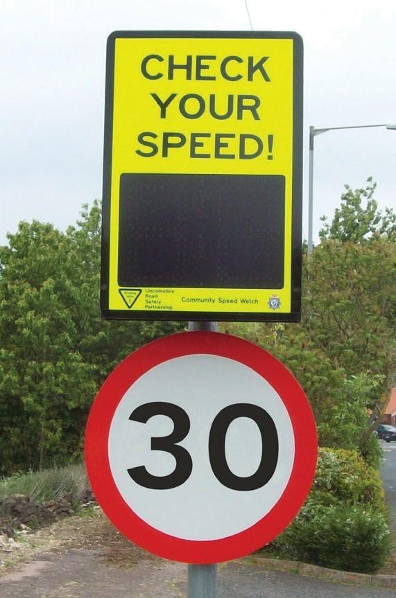 A 30 mile per hour speed limit sign, with a blank &quot;check your Speed&quot; sign above it.